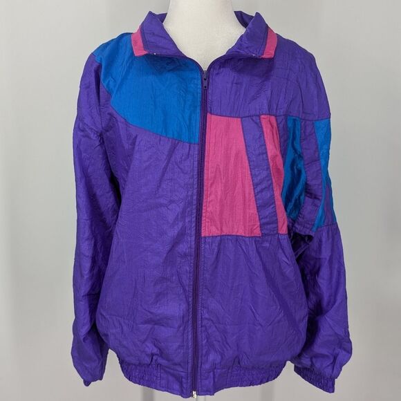 Vintage 90s Bocco Purple Pink Blue Zip-Up Collared Track Jacket Windbreaker XL - Picture 2 of 8